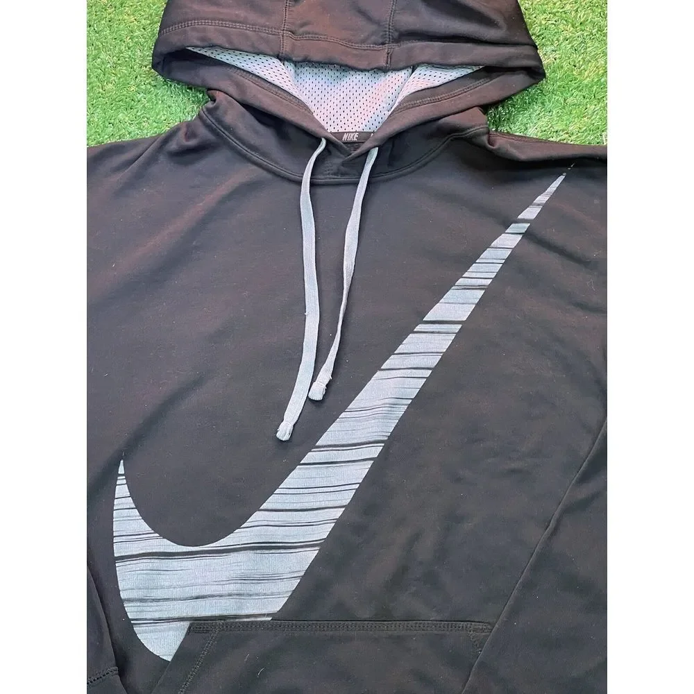 Nike Y2K Thermafit Mens Black Hoodie Sweatshirt size LG Big Logo Graphic‎ Print